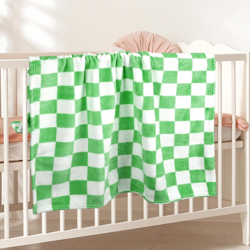 GreatBba Plush Checkered Baby Blanket for Boys Girls Nursery, 30"*40" Warm Short Fleece Blanket Neutral for Infant Newborn, Small Fuzzy for Sleeping, Chenille or Stroller (Green&White) - Image 3